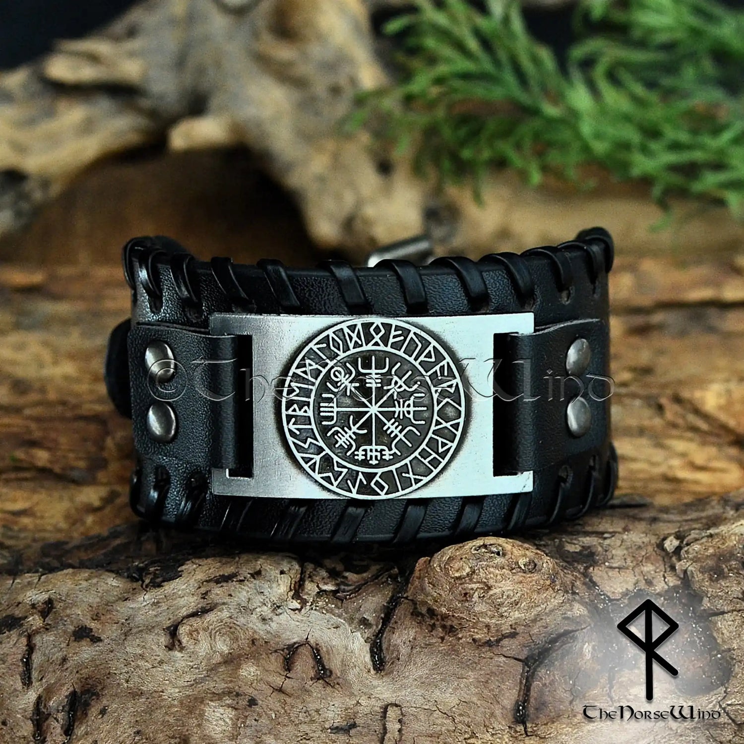 Viking Vegvisir Leather Bracelet - Handcrafted Wide Wristband with Elder Futhark Runes