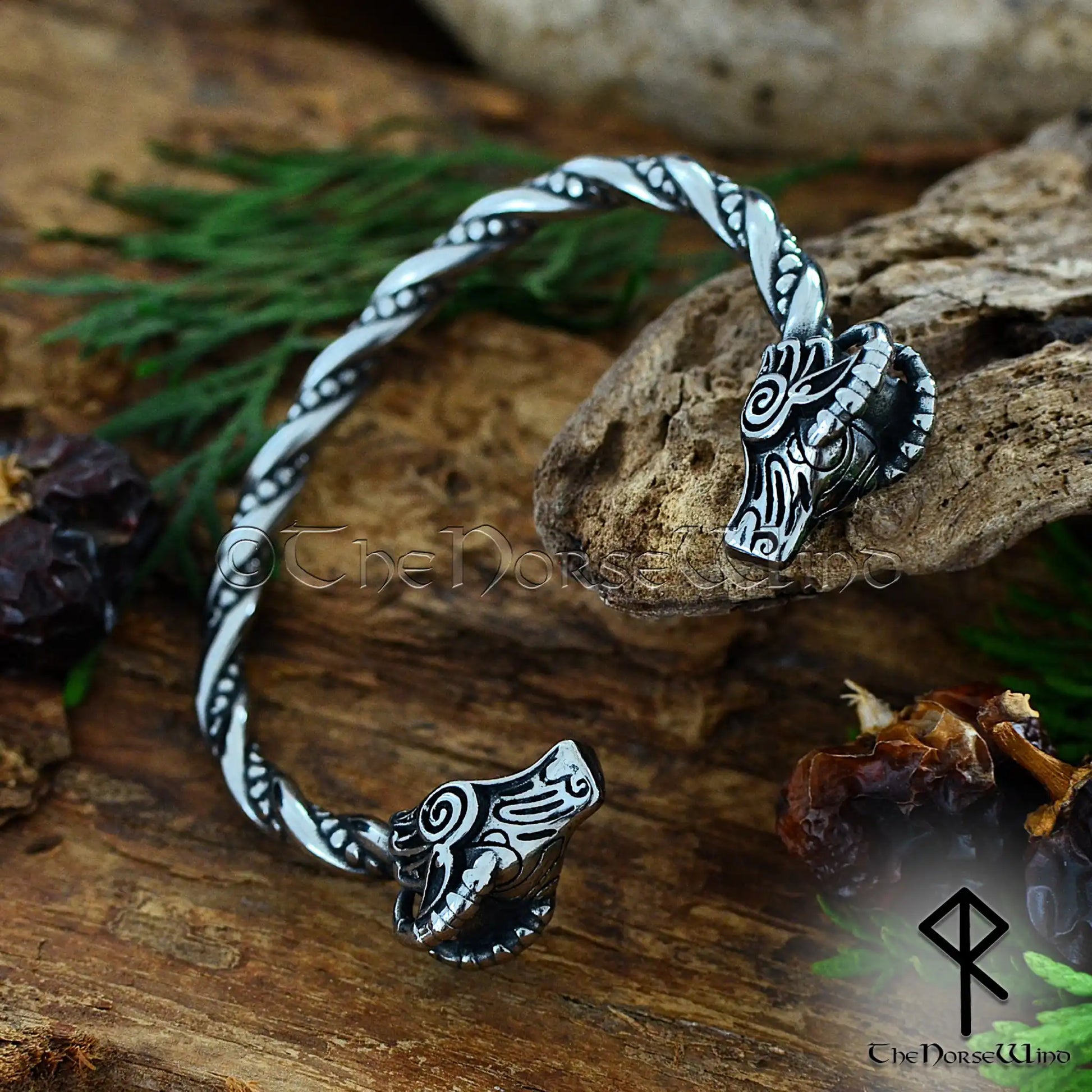 Curled horn goat head detail on Heidrun Viking bracelet, Norse mythology jewelry