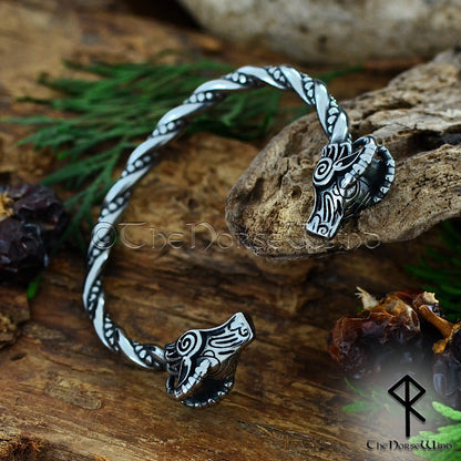 Curled horn goat head detail on Heidrun Viking bracelet, Norse mythology jewelry