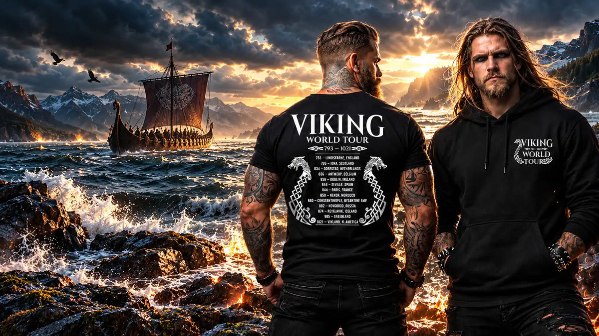 Two men standing on a rocky shoreline at sunset, facing a Viking longship on the ocean with mountains in the background. The man on the left wears a black T-shirt with a large white Viking World Tour graphic on the back, and the man on the right wears a black hoodie with a smaller matching Viking World Tour logo on the chest.