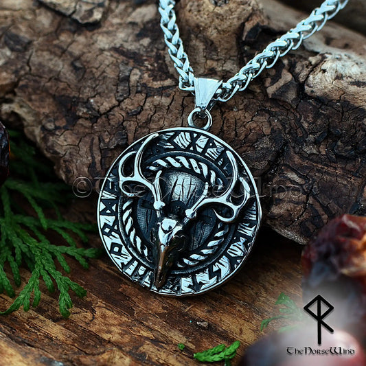 Wikinger-Halskette mit Hirschschädel – Anhänger mit nordischen Runen von Eikthyrnir, Edelstahl