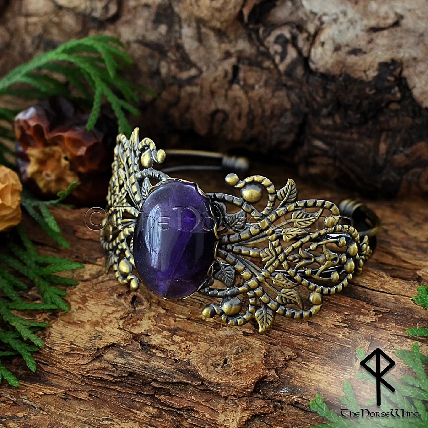 Viking bronze cuff bracelet for women with amethyst stone and Celtic filigree detailing
