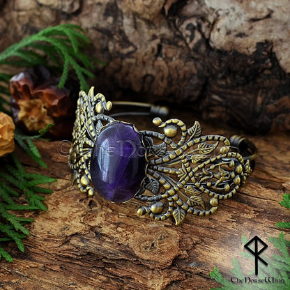 Viking bronze cuff bracelet for women with amethyst stone and Celtic filigree detailing