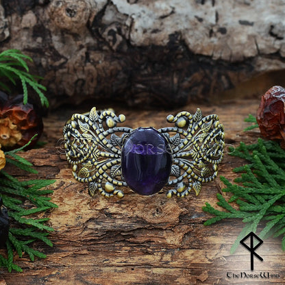 Viking bronze cuff bracelet for women with amethyst stone and Celtic filigree detailing
