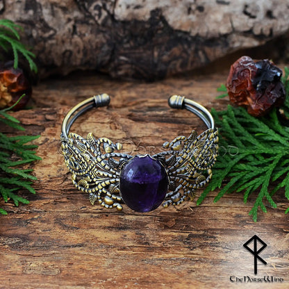 Viking bronze cuff bracelet for women with amethyst stone and Celtic filigree detailing
