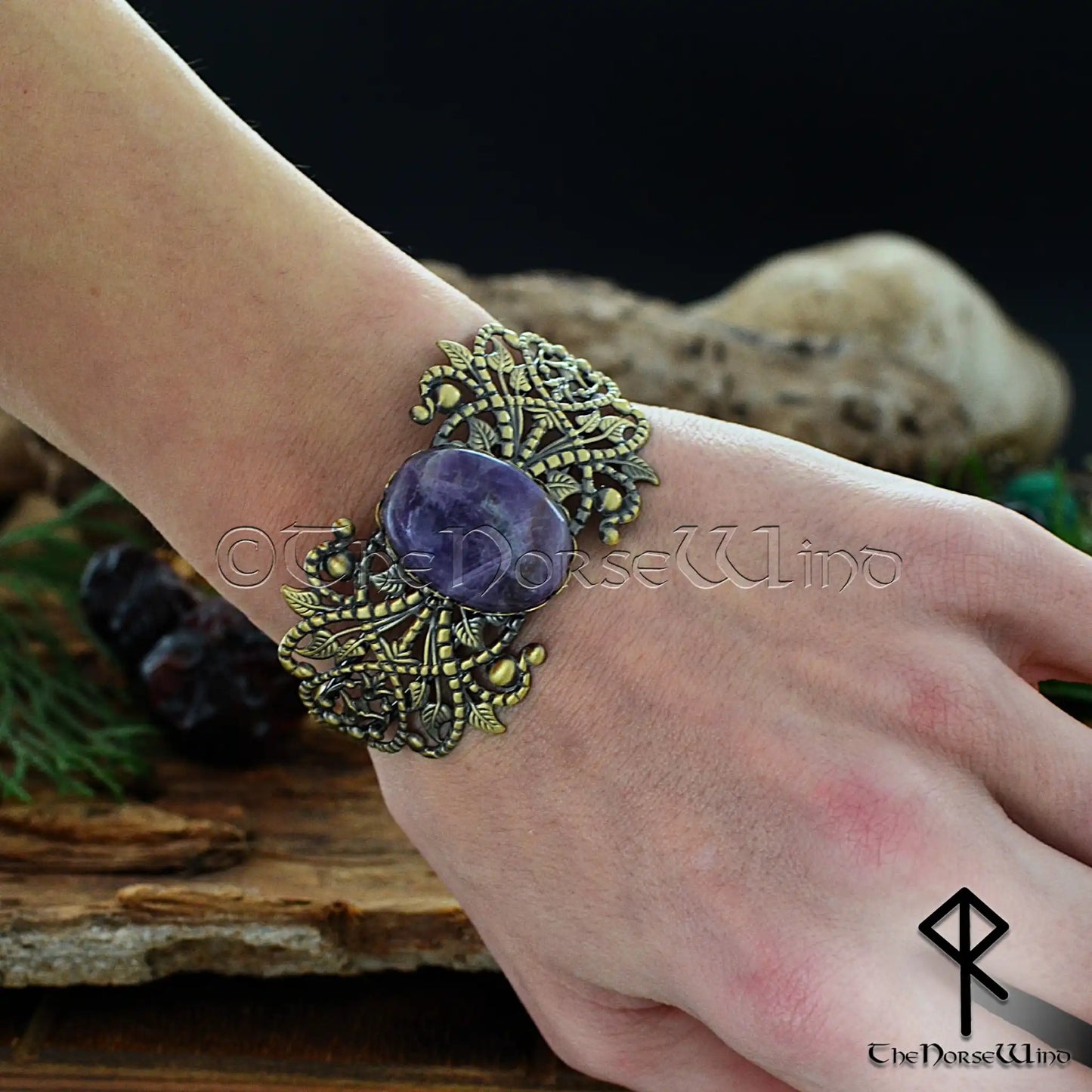 Viking bronze cuff bracelet for women with amethyst stone and Celtic filigree detailing