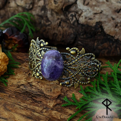 Viking bronze cuff bracelet for women with amethyst stone and Celtic filigree detailing