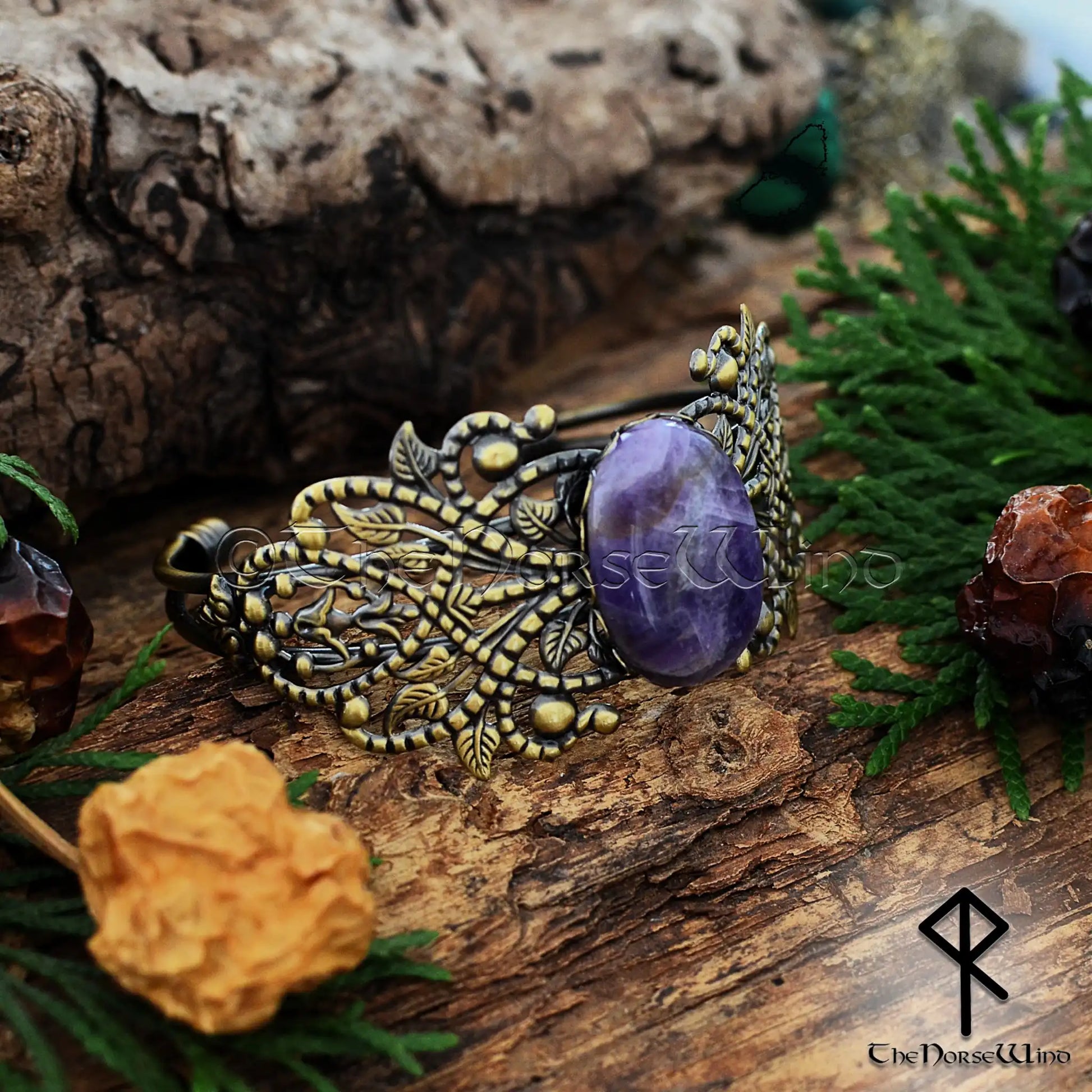 Viking bronze cuff bracelet for women with amethyst stone and Celtic filigree detailing