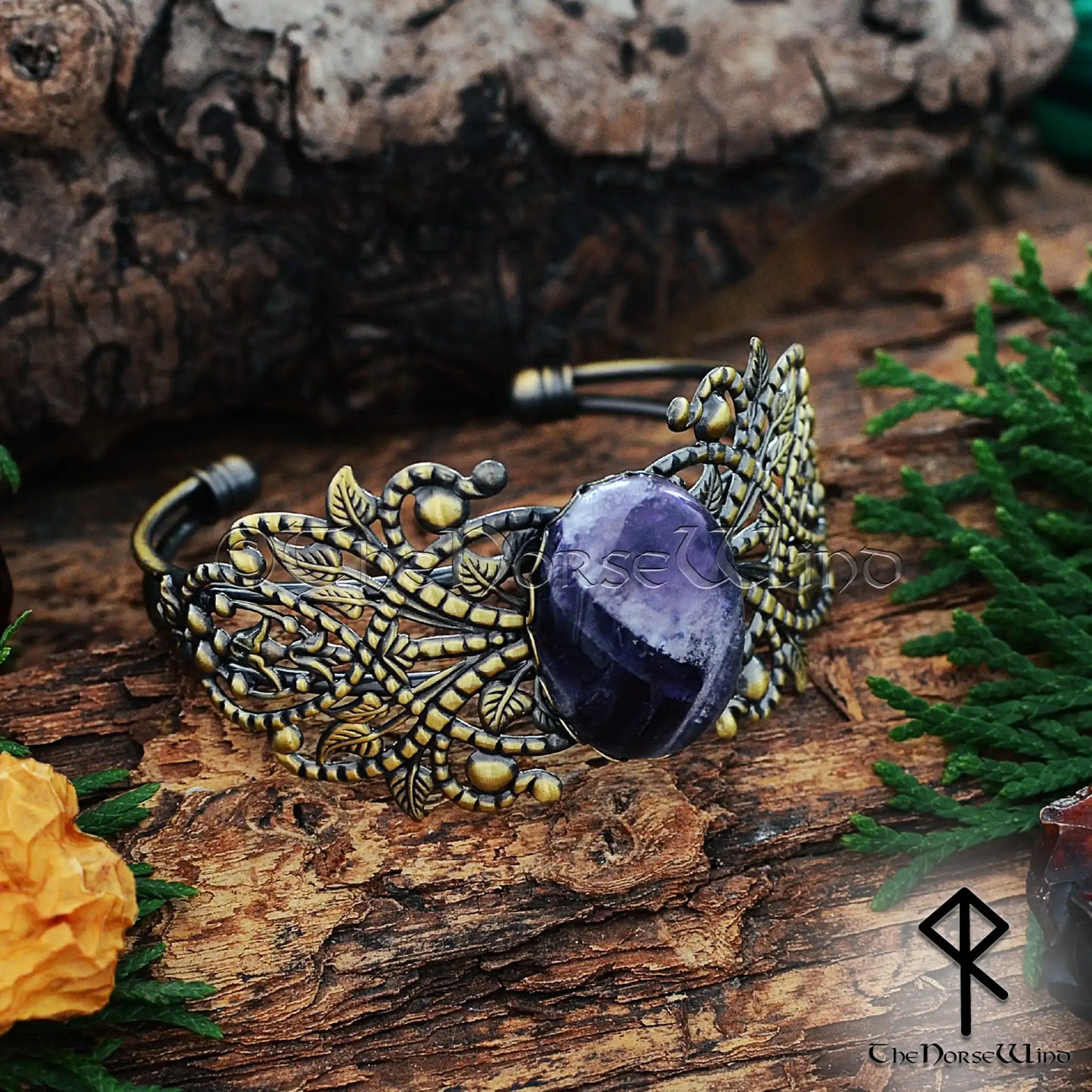 Viking bronze cuff bracelet for women with amethyst stone and Celtic filigree detailing