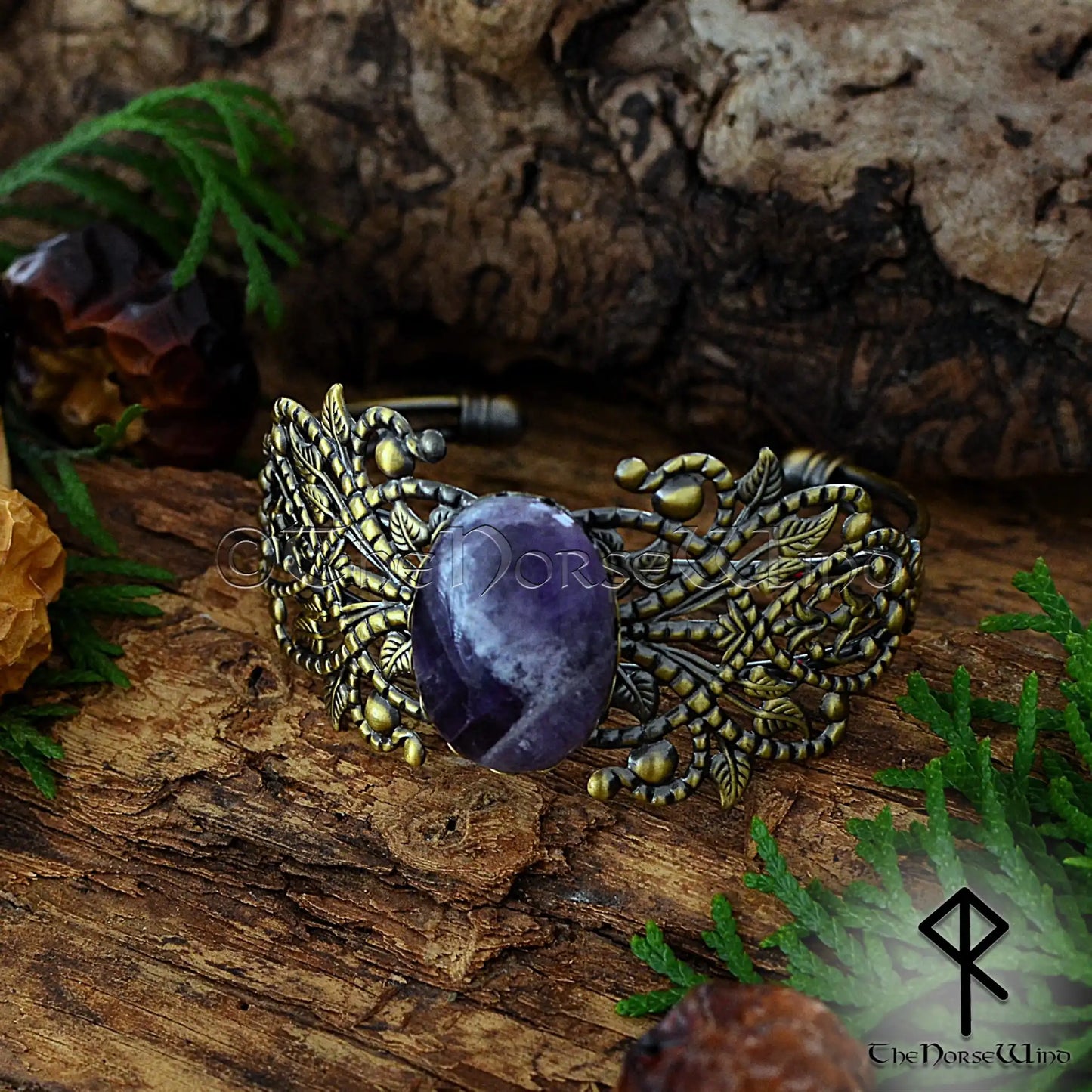 Viking bronze cuff bracelet for women with amethyst stone and Celtic filigree detailing