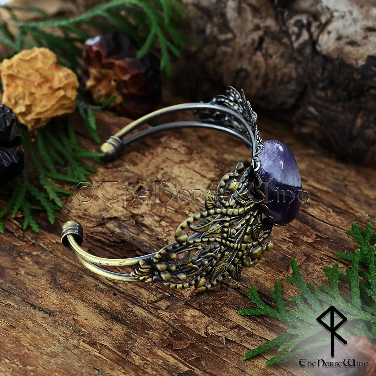 Viking bronze cuff bracelet for women with amethyst stone and Celtic filigree detailing