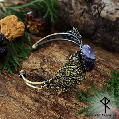 Viking bronze cuff bracelet for women with amethyst stone and Celtic filigree detailing