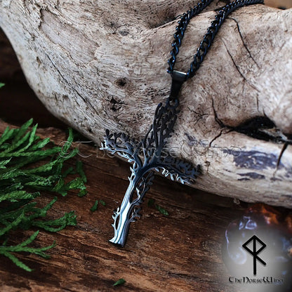 Norse Tree Cross Necklace, Stainless Steel Yggdrasil Viking Pendant