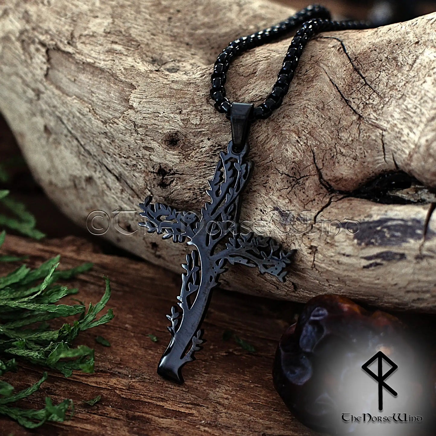 Norse Tree Cross Necklace, Stainless Steel Yggdrasil Viking Pendant
