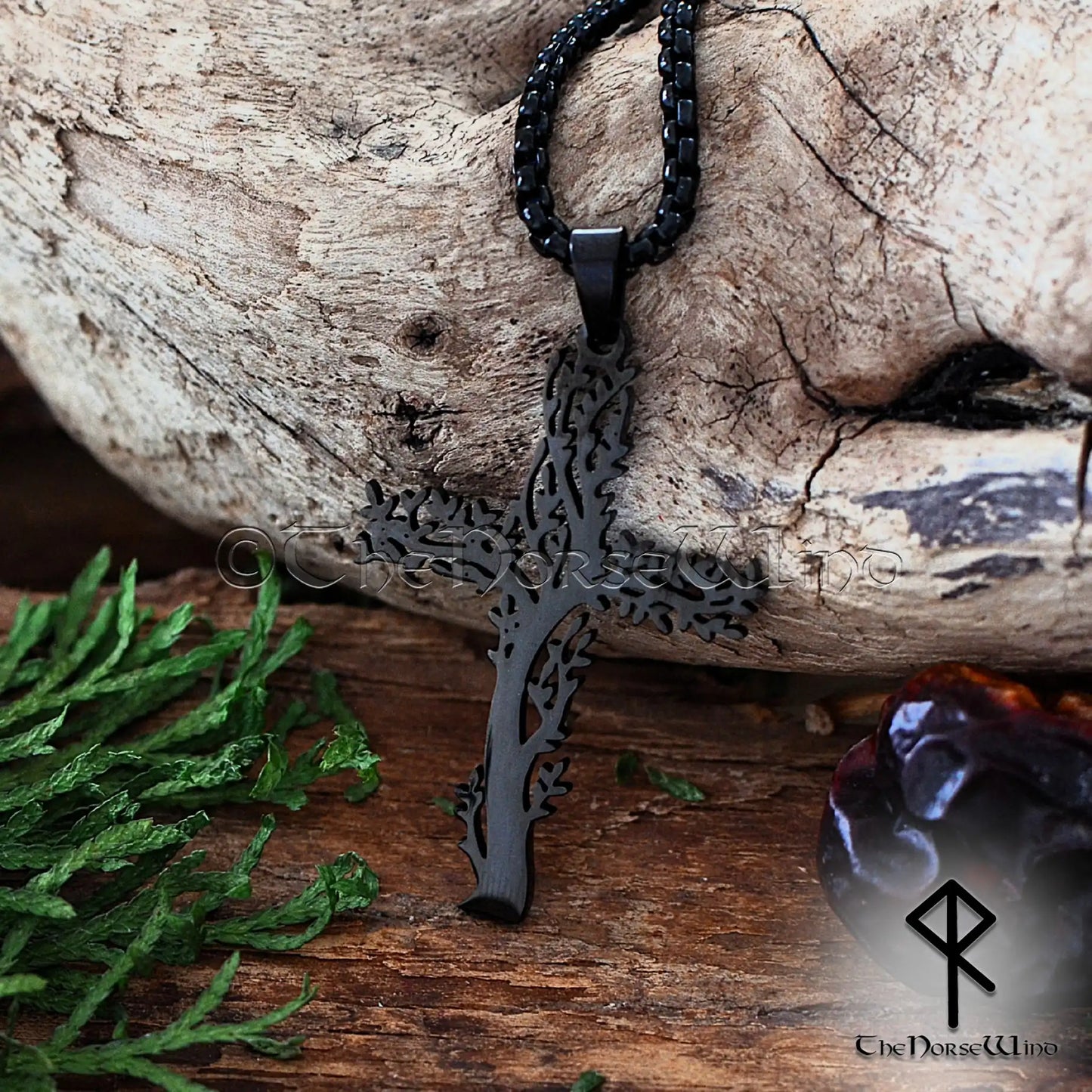 Norse Tree Cross Necklace, Stainless Steel Yggdrasil Viking Pendant