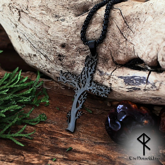 Schwarze Baumkreuz-Halskette, nordischer Yggdrasil-Wikinger-Anhänger