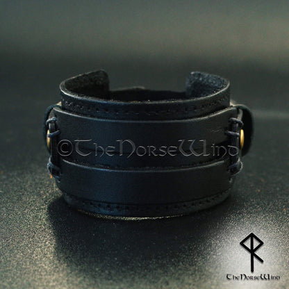 Viking Leather Bracelet Wide Wristband in Black or Brown