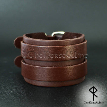 Viking Leather Cuff Bracelet Wide Wristband in Black/Brown