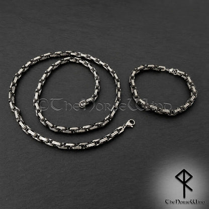 Byzantine Chain Necklace & Bracelet SET – Silver & Black Srtainless Steel