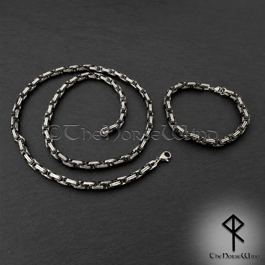 Byzantine Chain Necklace & Bracelet SET – Silver & Black Srtainless Steel