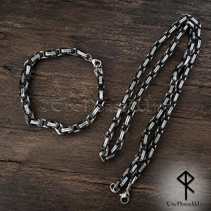 Byzantine Chain Necklace & Bracelet SET – Silver & Black Srtainless Steel