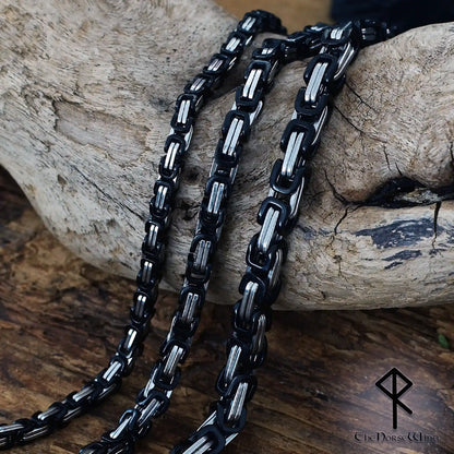 Byzantine Chain Viking Necklace – Silver & Black 316L Stainless Steel
