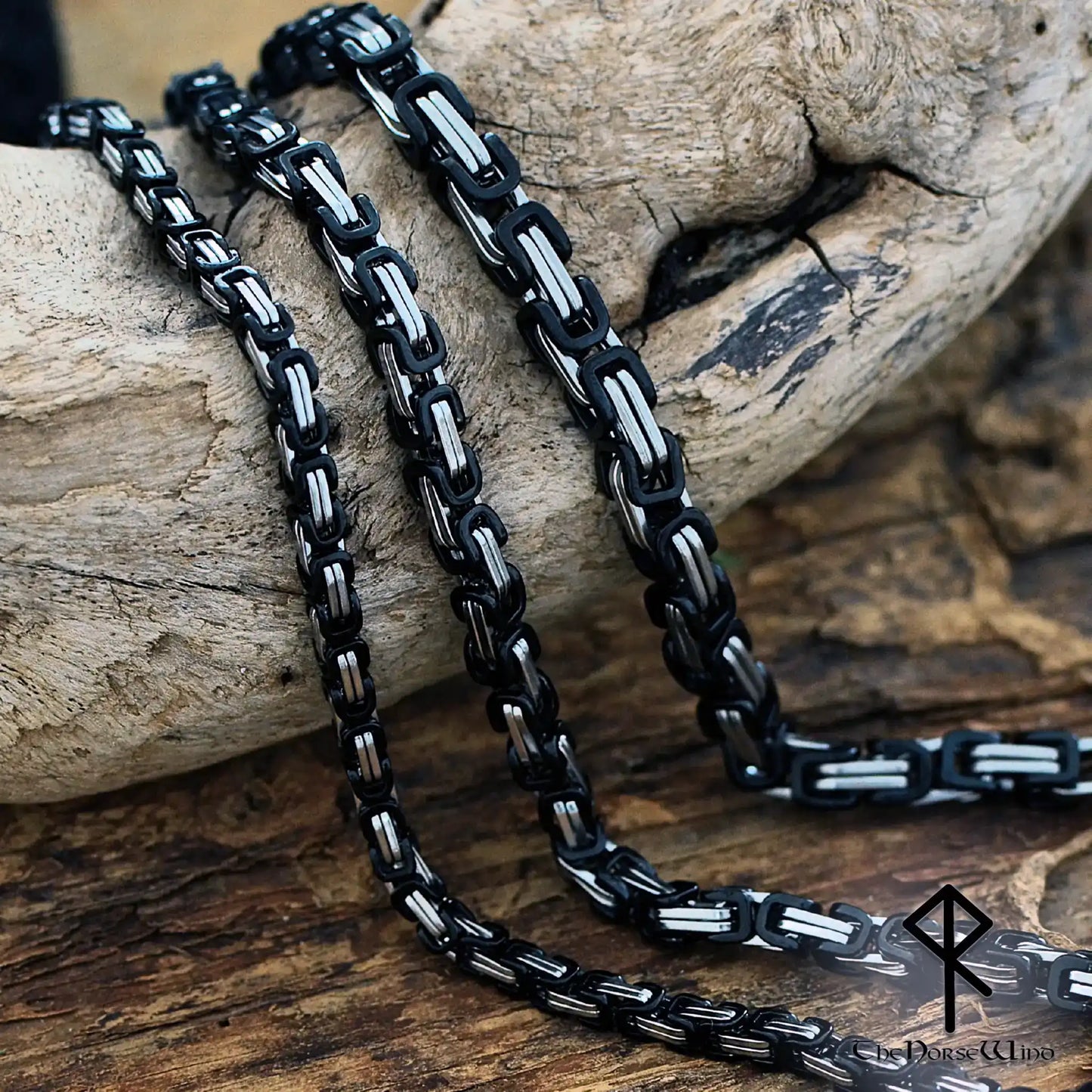Byzantine Chain Viking Necklace – Silver & Black 316L Stainless Steel