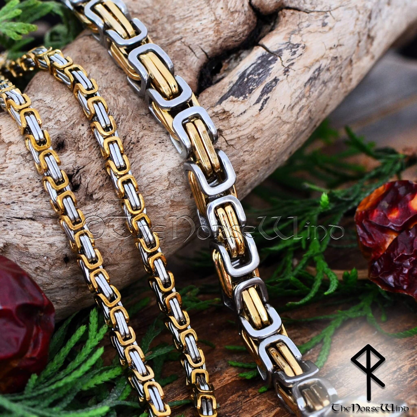 Byzantine Chain Viking Necklace Silver & Gold, 316L Stainless Steel - 4mm/8mm
