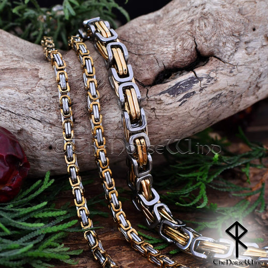 Byzantine Chain Viking Necklace Silver & Gold, 316L Stainless Steel - 4mm/8mm