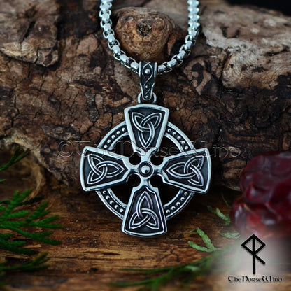 Celtic Cross Viking Necklace, Stainless Steel Triquetra Pendant