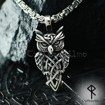 Viking Owl Pendant – Celtic Knot Stainless Steel Necklace for Seers & Night Watchers