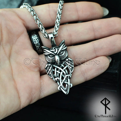 Viking Owl Pendant – Celtic Knot Stainless Steel Necklace for Seers & Night Watchers