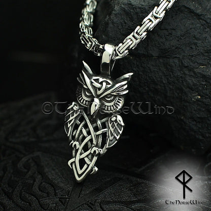 Viking Owl Pendant – Celtic Knot Stainless Steel Necklace for Seers & Night Watchers