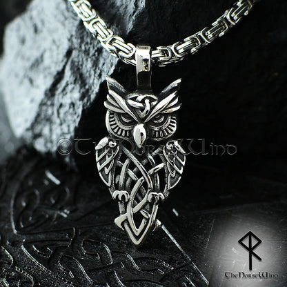 Viking Owl Pendant – Celtic Knot Stainless Steel Necklace for Seers & Night Watchers