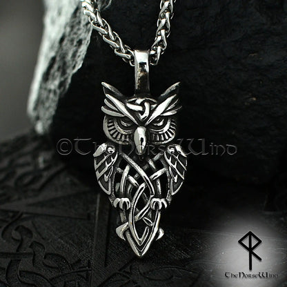 Viking Owl Pendant – Celtic Knot Stainless Steel Necklace for Seers & Night Watchers
