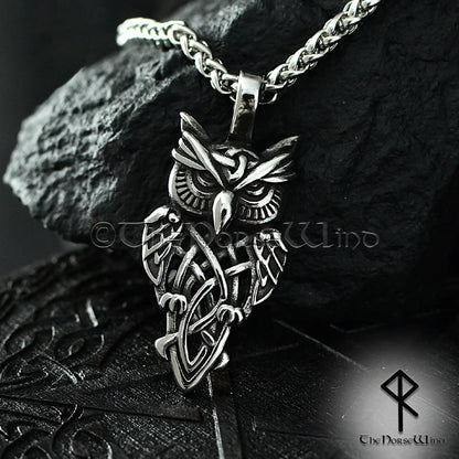 Viking Owl Pendant – Celtic Knot Stainless Steel Necklace for Seers & Night Watchers