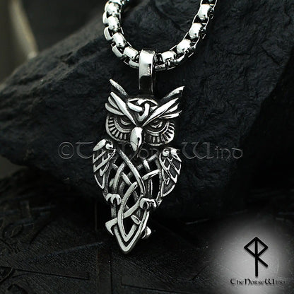 Viking Owl Pendant – Celtic Knot Stainless Steel Necklace for Seers & Night Watchers