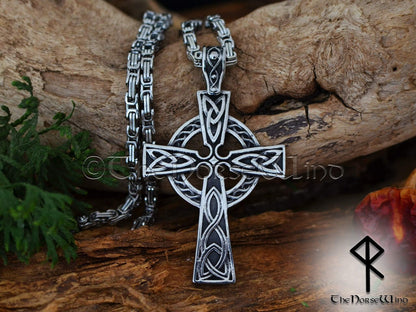Celtic Cross Necklace, Men's Viking Pendant, Solid Stainless Steel