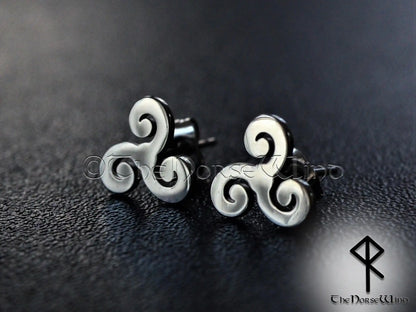 Celtic Triskele Earrings, Triple Spiral Viking Studs - 316L Stainless Steel