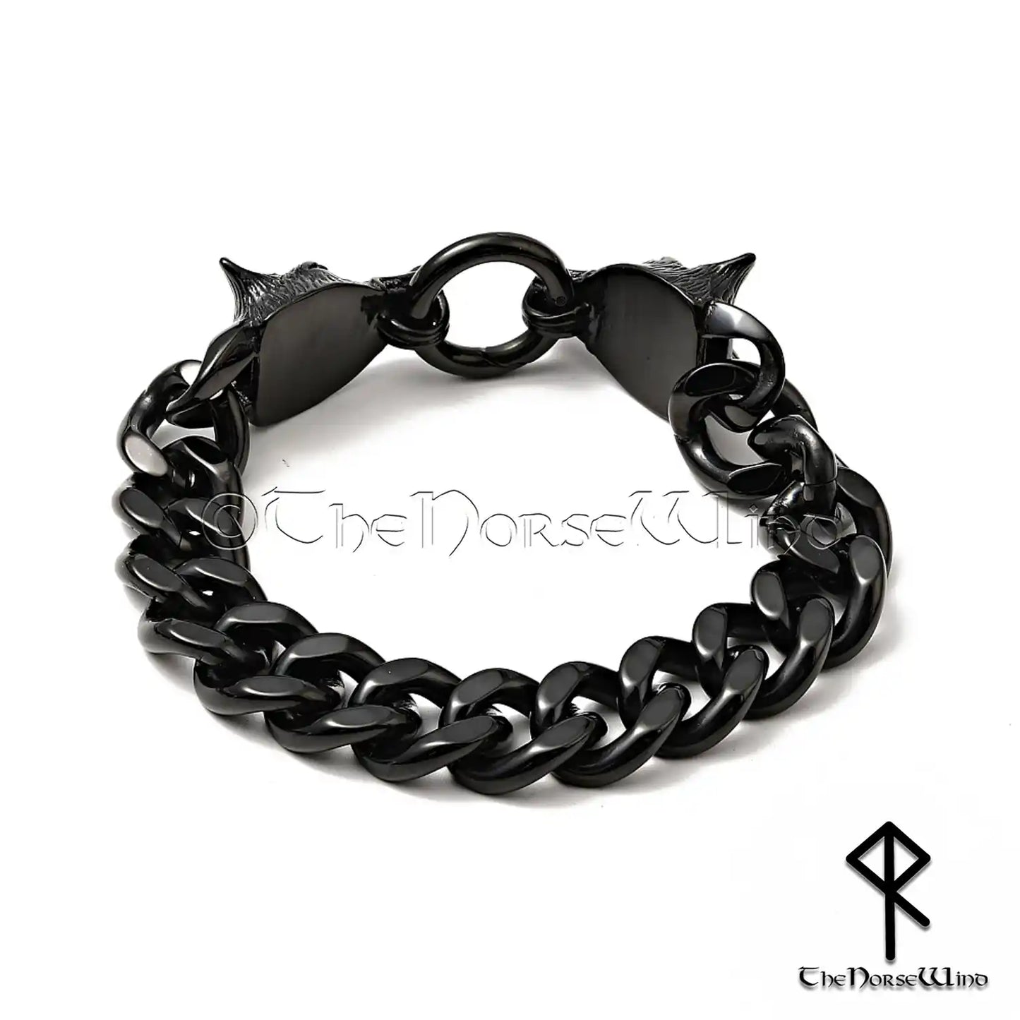Fenrir Wolf Viking Bracelet - Black Stainless Steel Cuban Link Chain