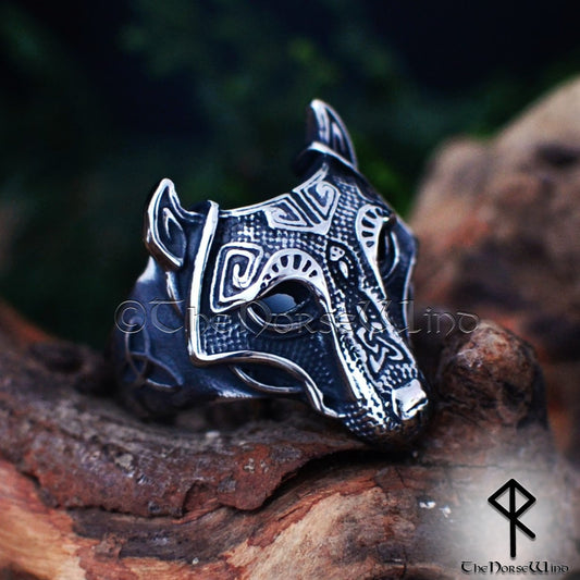 Fenrir Wolf Head Viking Ring, Solid Norse Men's Steel Ring
