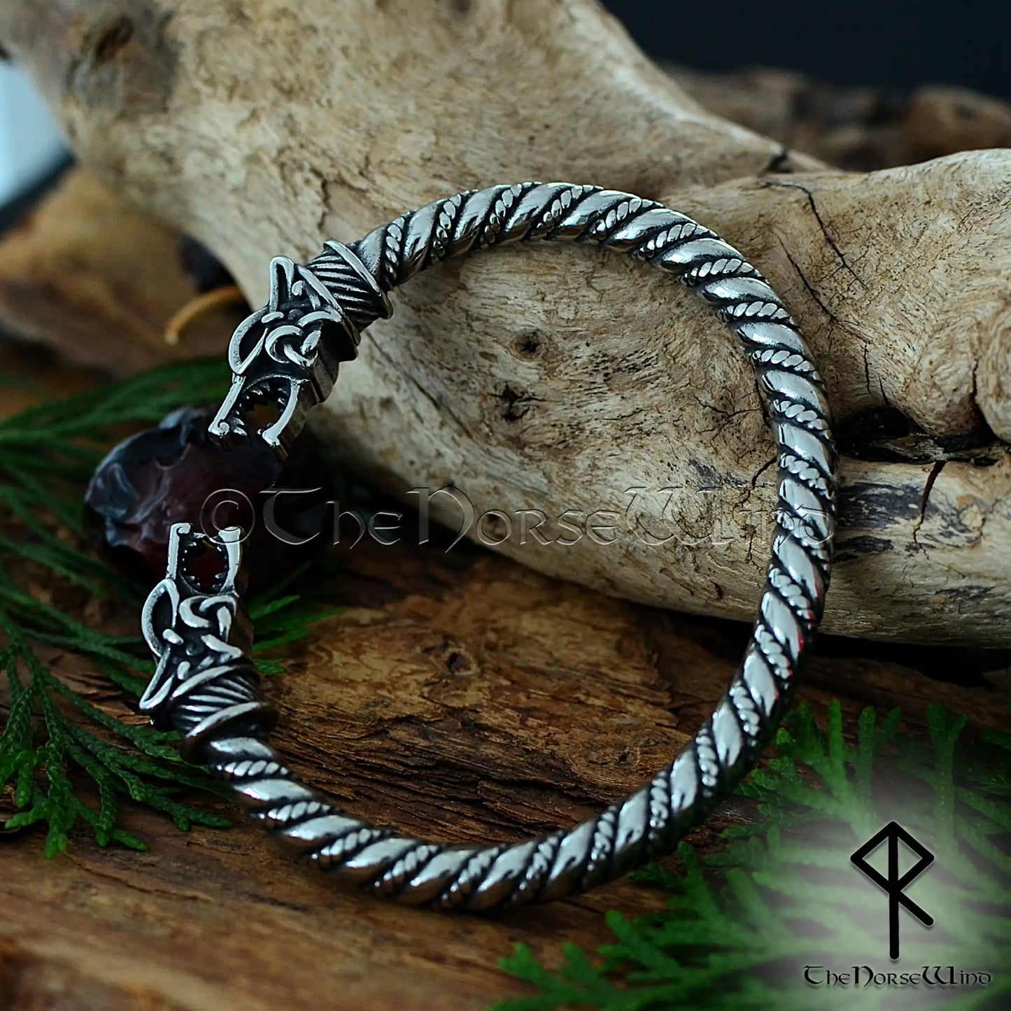 Viking wolf arm ring with Fenrir heads, stainless steel norse men's bracelet