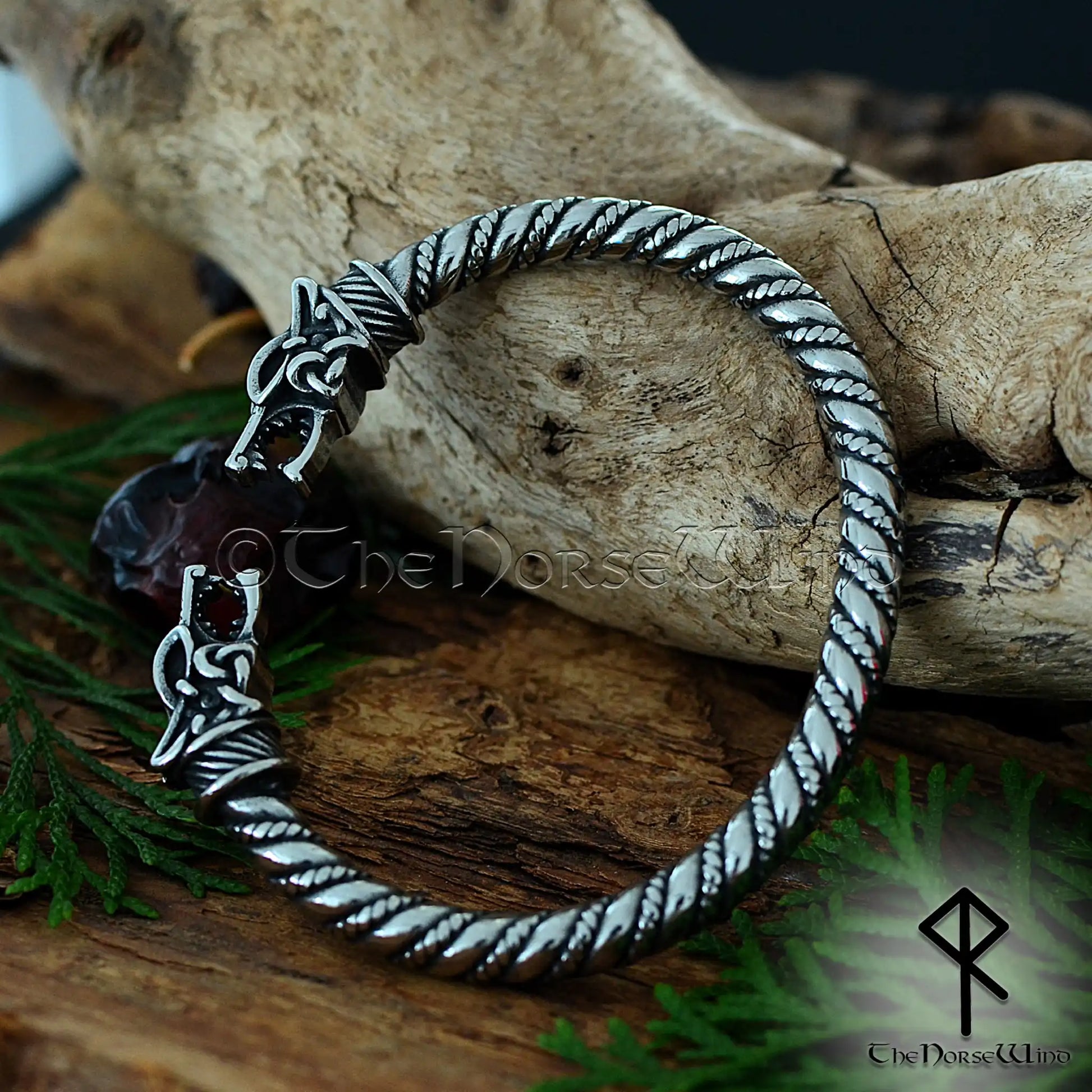 Viking wolf arm ring with Fenrir heads, stainless steel norse men's bracelet