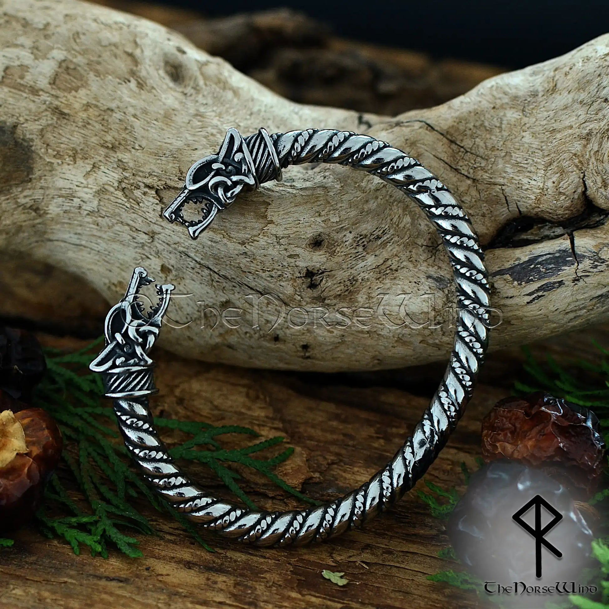 Norse wolf heads arm ring for men, viking Fenrir bracelet in antique silver stainless steel