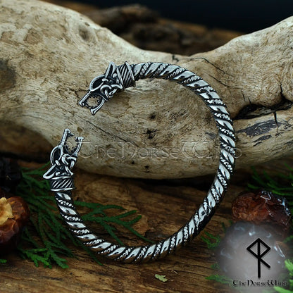 Norse wolf heads arm ring for men, viking Fenrir bracelet in antique silver stainless steel