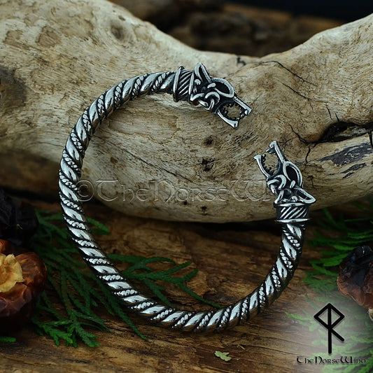 Solid stainless steel Viking cuff bracelet with Fenrir wolf heads