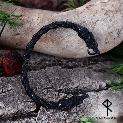 Fenrir Wolf Viking Bracelet - Black Stainless Steel Arm Ring