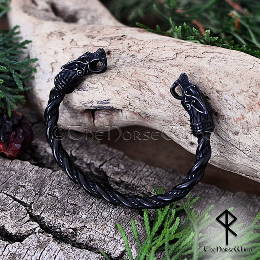 Fenrir Wolf Viking Bracelet - Black Stainless Steel Arm Ring