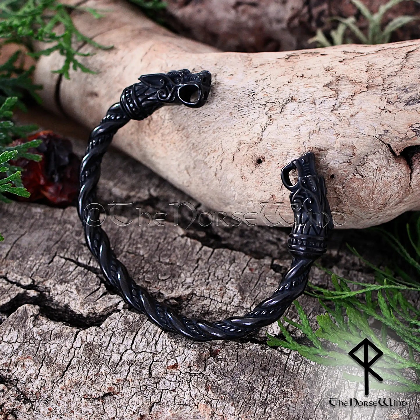 Fenrir Wolf Viking Bracelet - Black Stainless Steel Arm Ring