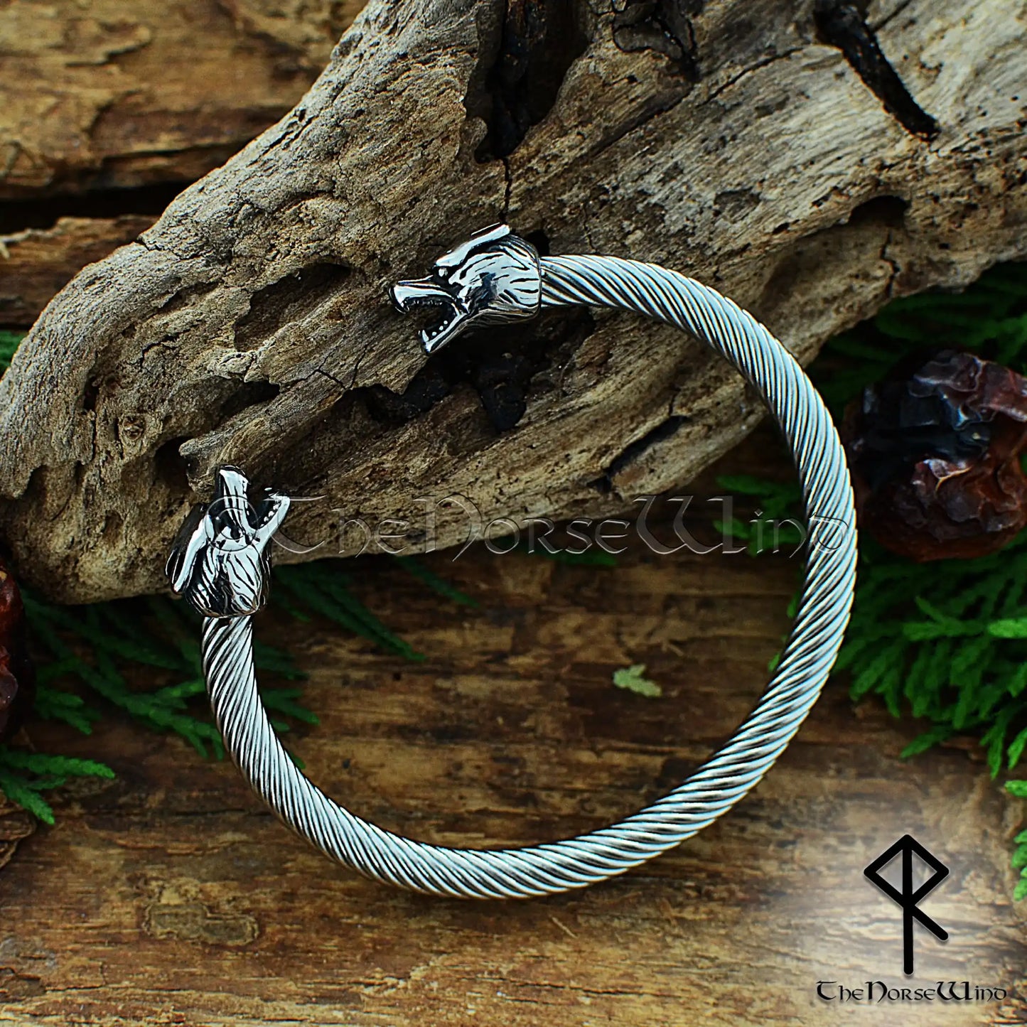 Fenrir Wolf Viking Bracelet, Stainless Steel Norse Arm Ring, Adjustable Wolf Head Cuff